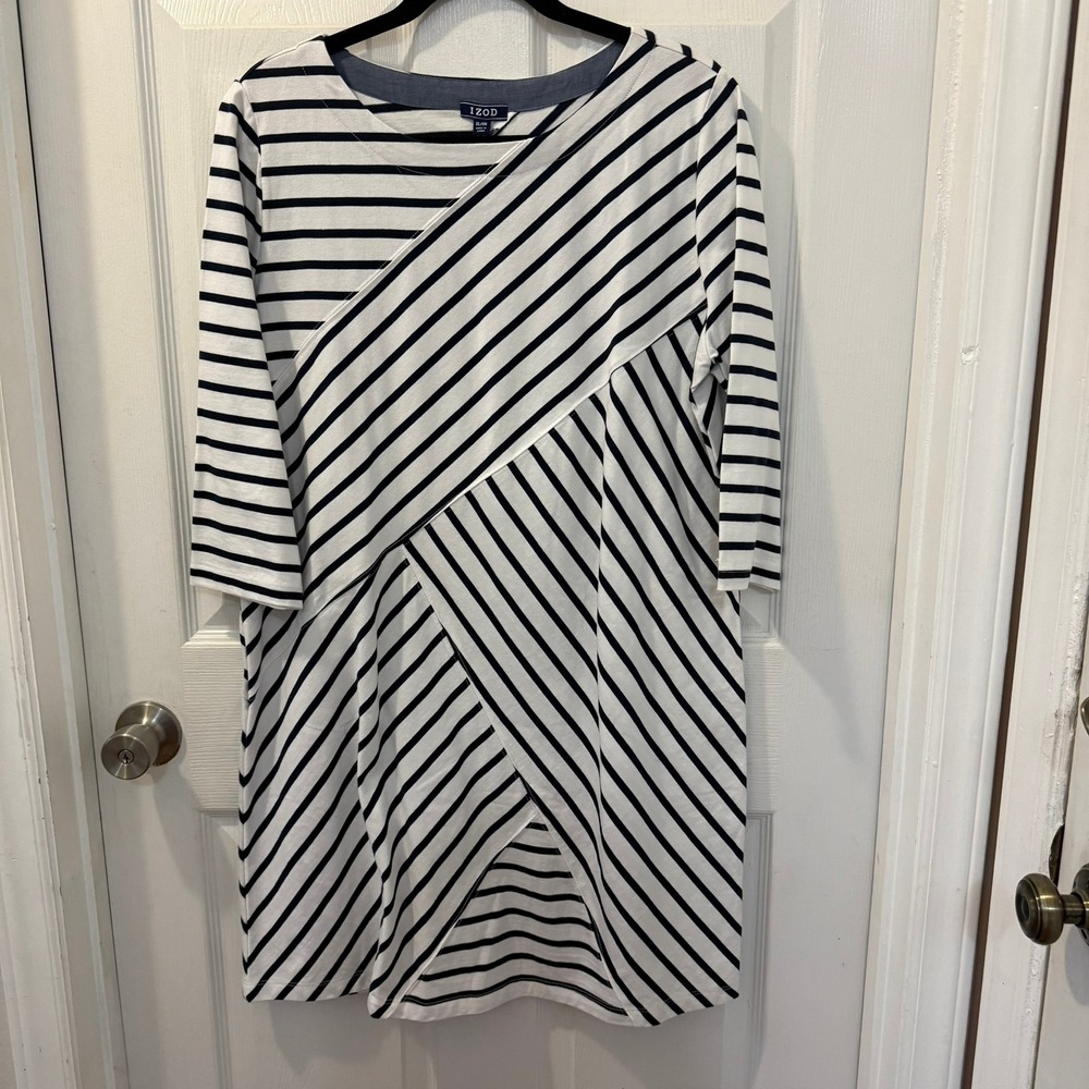 IZOD XL Navy White Striped 100% Cotton 3/4 Sleeve Shift Dress Preppy Coastal